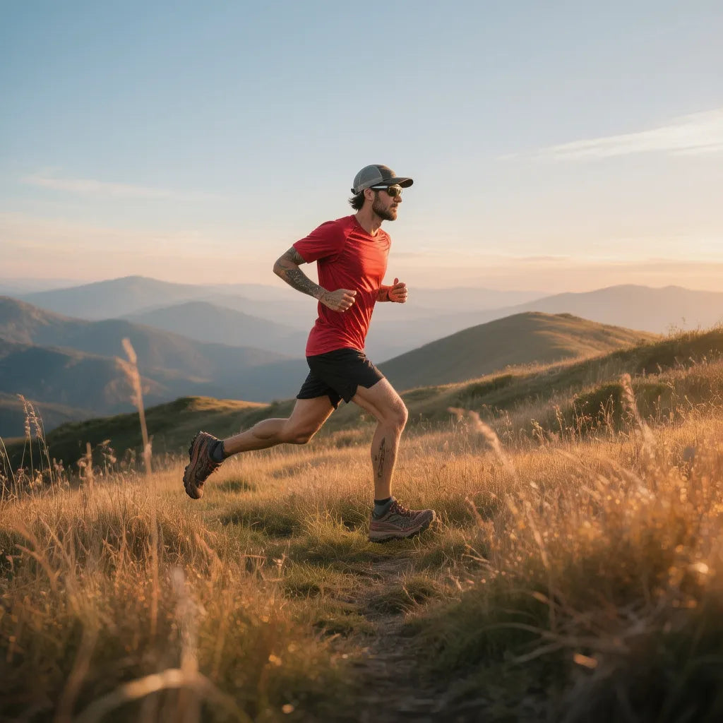 Man running on a mountain trail with mountains in the background