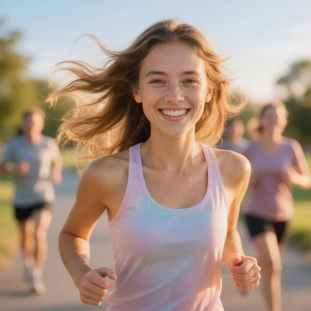 Woman running outdoors with a blurred background of other runners