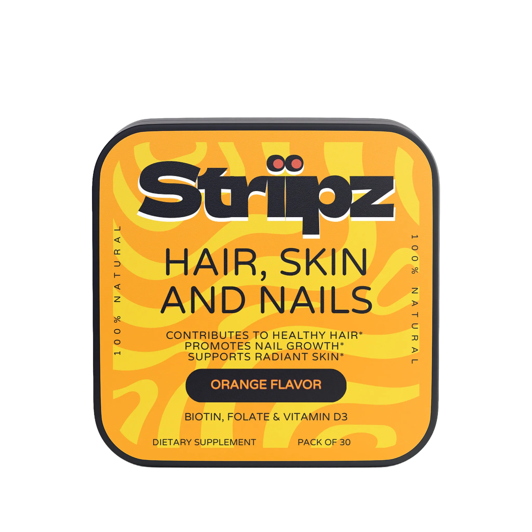 Striipz hair, skin, and nails supplement packaging on a white background