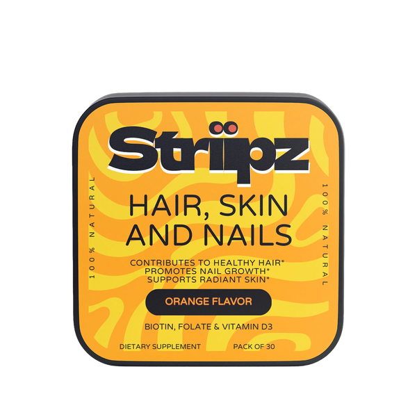 Striipz hair, skin, and nails supplement packaging on a white background