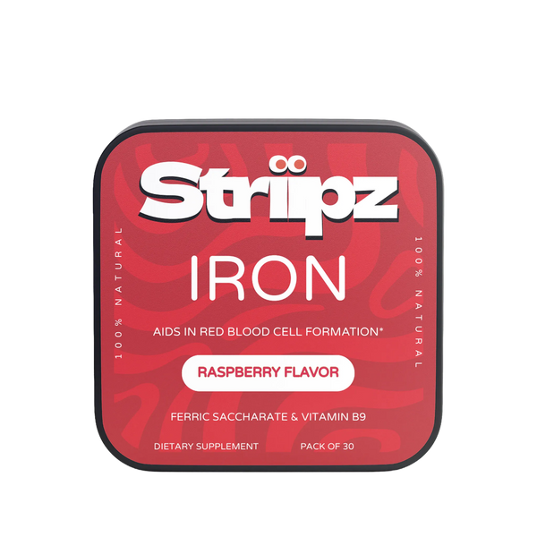 Striipz Iron supplement packaging with red background and white text