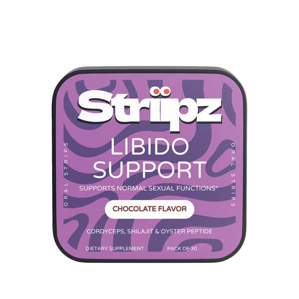 Striipz libido support packaging with purple design on a white background