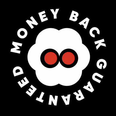 A circular graphic on a black background with white text reading 'MONEY BACK GUARANTEED' around a white cloud-like shape with two red circular eyes.