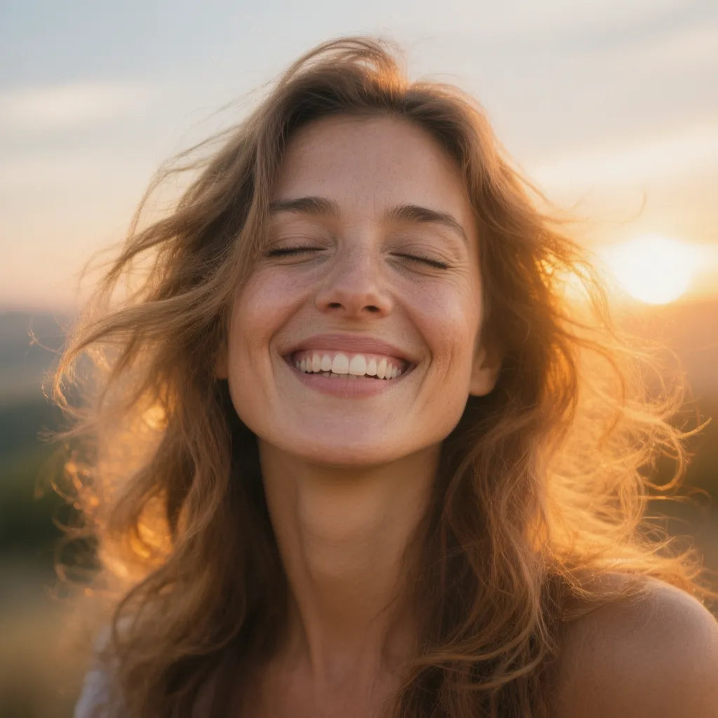Woman with long brown hair smiling outdoors with a warm glow