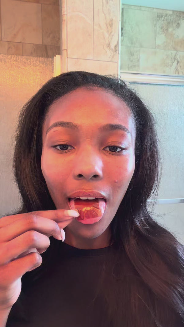 Woman showcasing a Striipz Sleep supplement strip in a personal lifestyle video