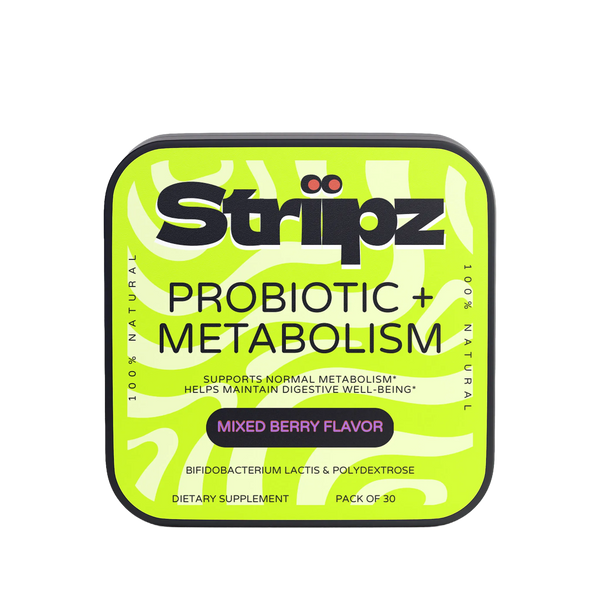 Striipz Probiotic + Metabolism dietary supplement packaging on a white background