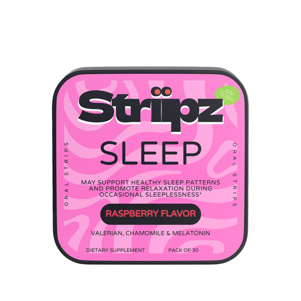 Striipz Sleep oral strips packaging with pink background and black text