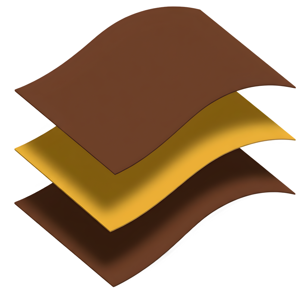 Three brown and yellow leather samples stacked on a white background