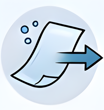 Icon of a paper being sent through a blue arrow with bubbles, on a light gray background.
