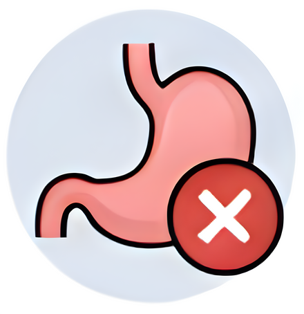 Illustration of a stomach with a red circle and cross mark on a light blue background