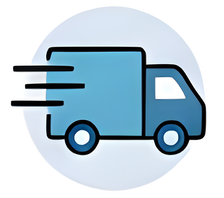 Blue delivery truck icon with speed lines on a light blue circle background