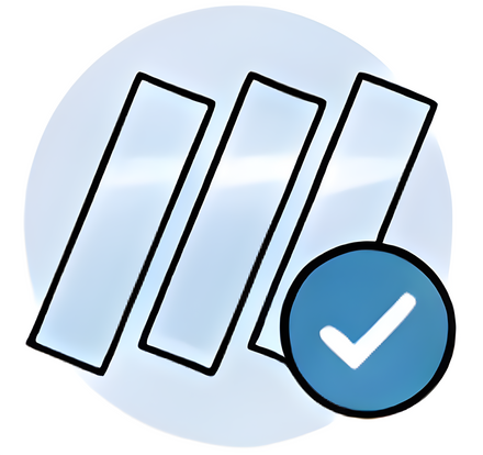 Three rectangular items with a blue circle and white check mark on a light blue background