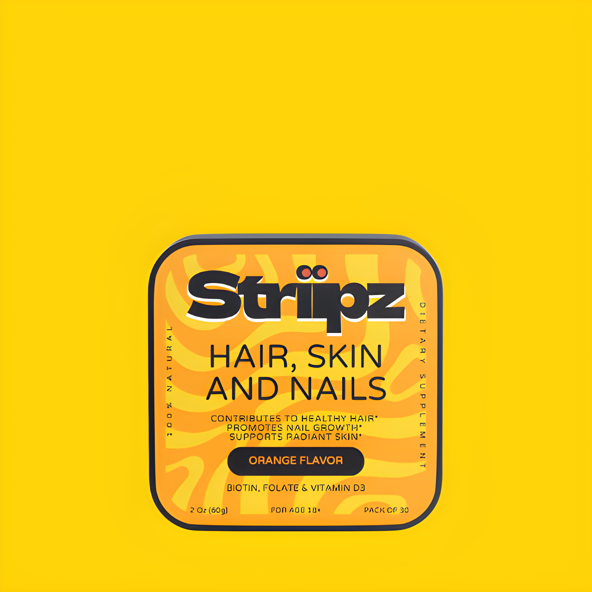Striipz hair, skin, and nails supplement tin on a yellow background