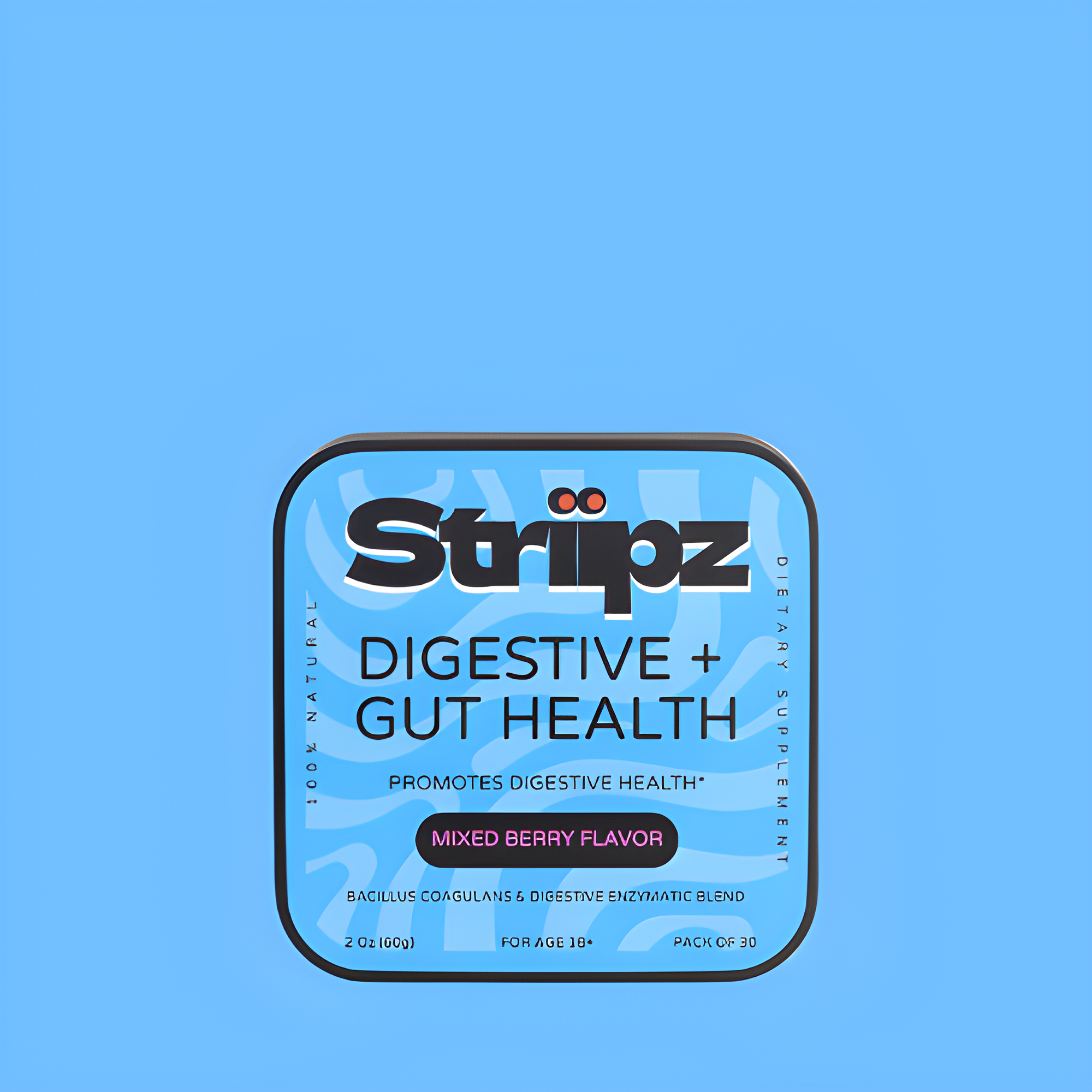 Striipz digestive and gut health supplement packaging on a blue background